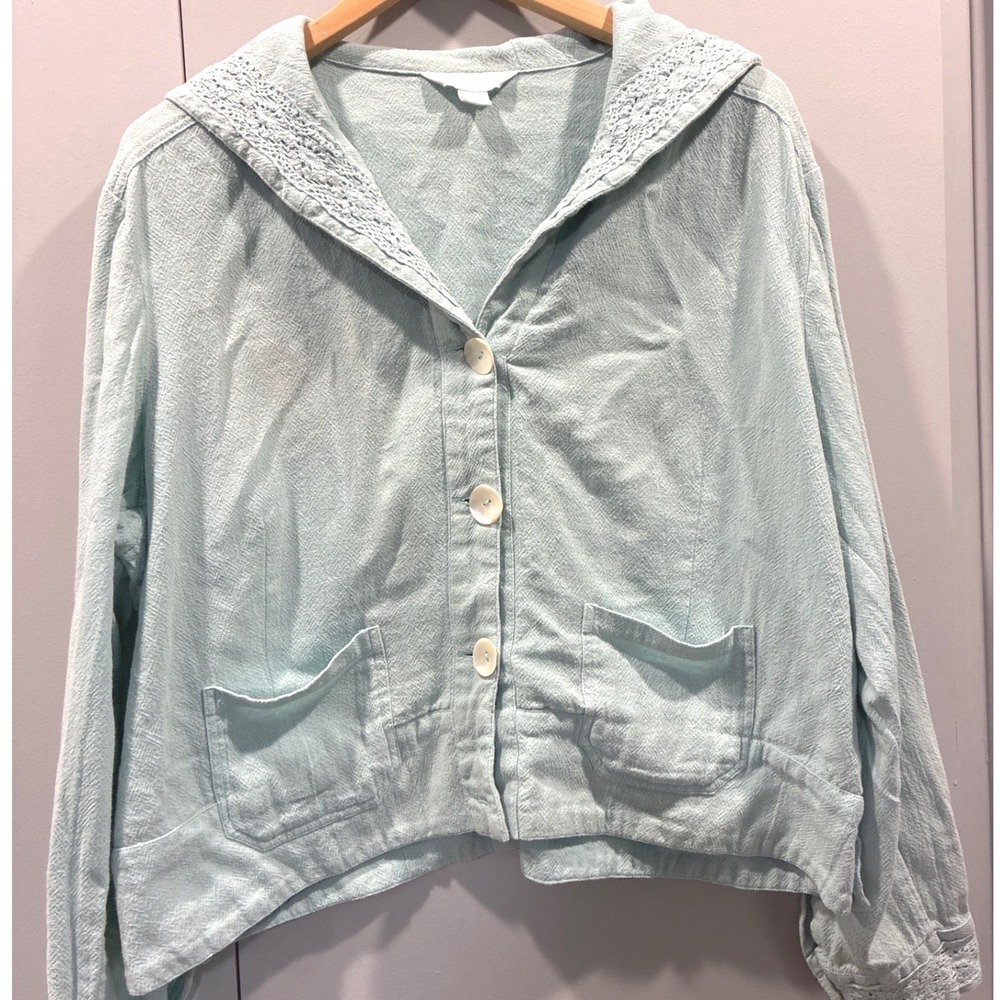 April Cornell Aqua Blue Cotton Lace Sailor Collar Cardigan XXL Mother of Pearl